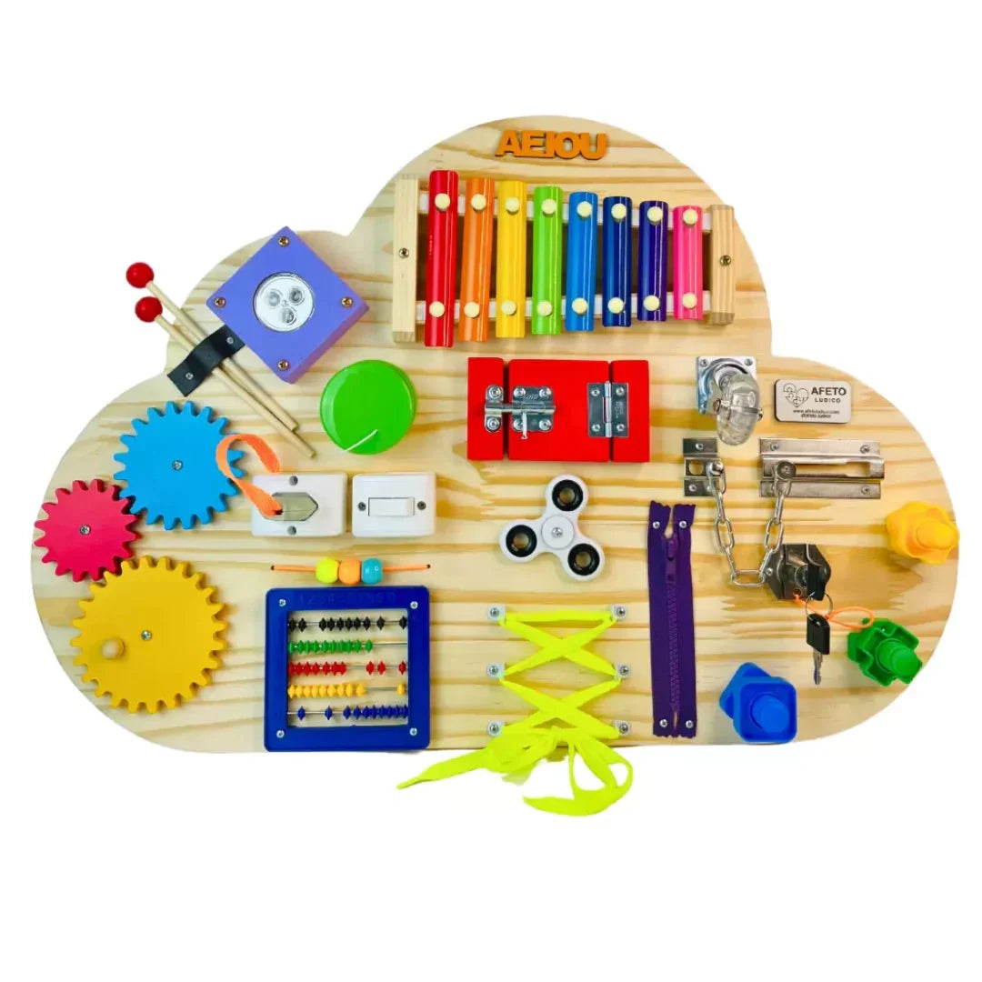 Painel Sensorial Montessori em Madeira Pinus - Modelo Nuvem 45x65