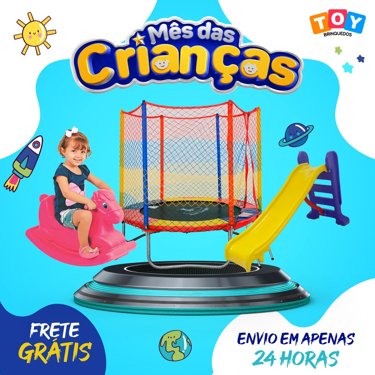 Kit Parquinho Cama Elástica Pula Pula 2,30m + Escorregador + Gangorra - Oferta Mês das Crianças
